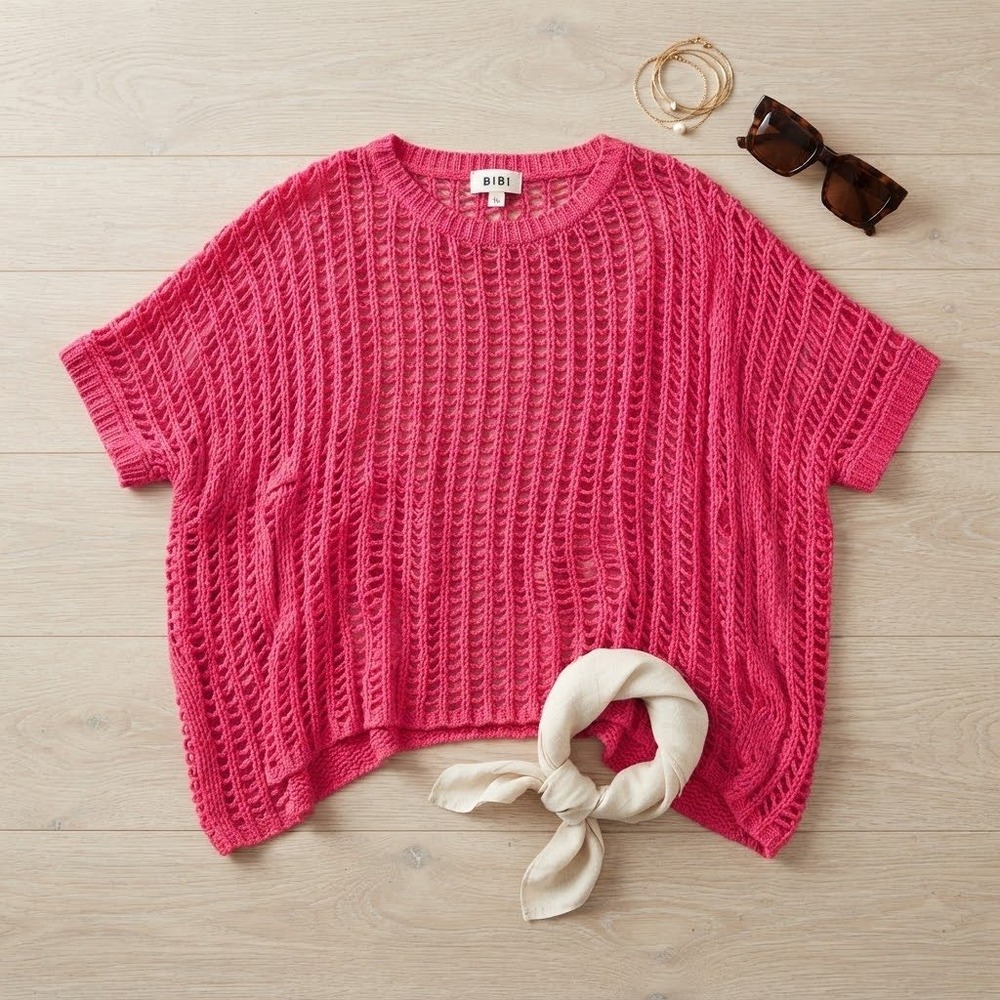 BIBI Open Knit Sweater Womens XL Pink Crochet Short Sleeve Boho Beachy IP7451-01